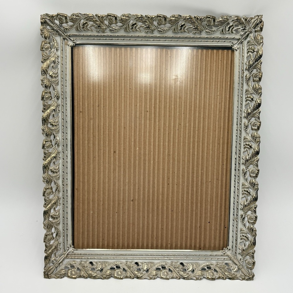 Ornate Picture Frame White Gold Floral Scrollwork 11x14 Wall Hang VTG Filigree